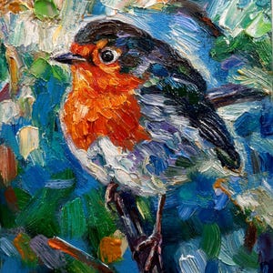 Pintura de pássaro original, arte em óleo, miniatura, arte de robin, pássaro fofo, pequena arte de parede, robin europeu, presente para amantes de pássaros