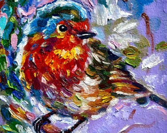 Robin Painting Bird Impasto Small Original Oil artwork  Impressionist