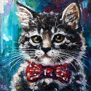Peinture à l'huile de chat Art original de chat drôle Miniature portrait d'animal de compagnie