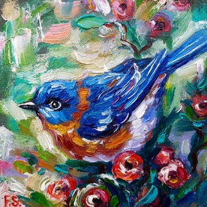 Pintura de pássaro azul, arte original em óleo, arte em miniatura, arte de parede de pássaro, presente para amantes de pássaros, impasto