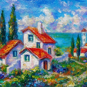 Pintura de paisaje campestre, arte al óleo original, pequeña obra de arte provenzal impresionista