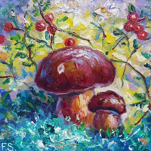 Pintura al óleo de hongos, obra de arte original pequeña, arte de pared de cocina
