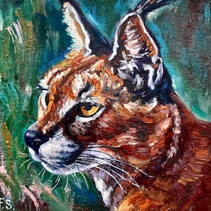 Pintura a óleo de gato selvagem Arte original de animal Arte de parede de lince Arte em miniatura impressionista 7 por 7 Presente