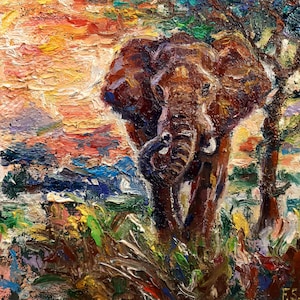 Pintura de elefante original arte a óleo animal pequena arte de parede animal africano impasto arte única