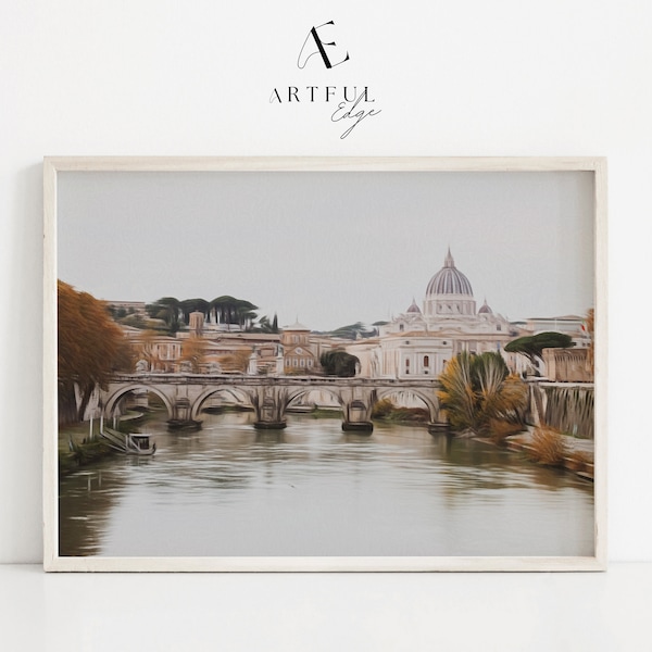 St.Peters Basilica & Italian Bridge Oil Painted Appearance Print | Photography Print | Printable Wall Art | Historical Print | Neutral