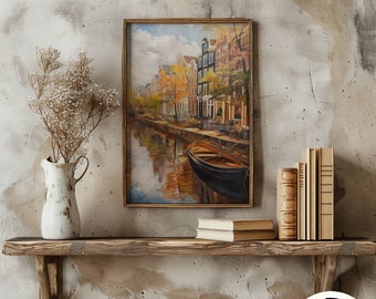 Amsterdam Canal Houses Oil Painting Print With Wooden Frame 30x40 cm (12x16")