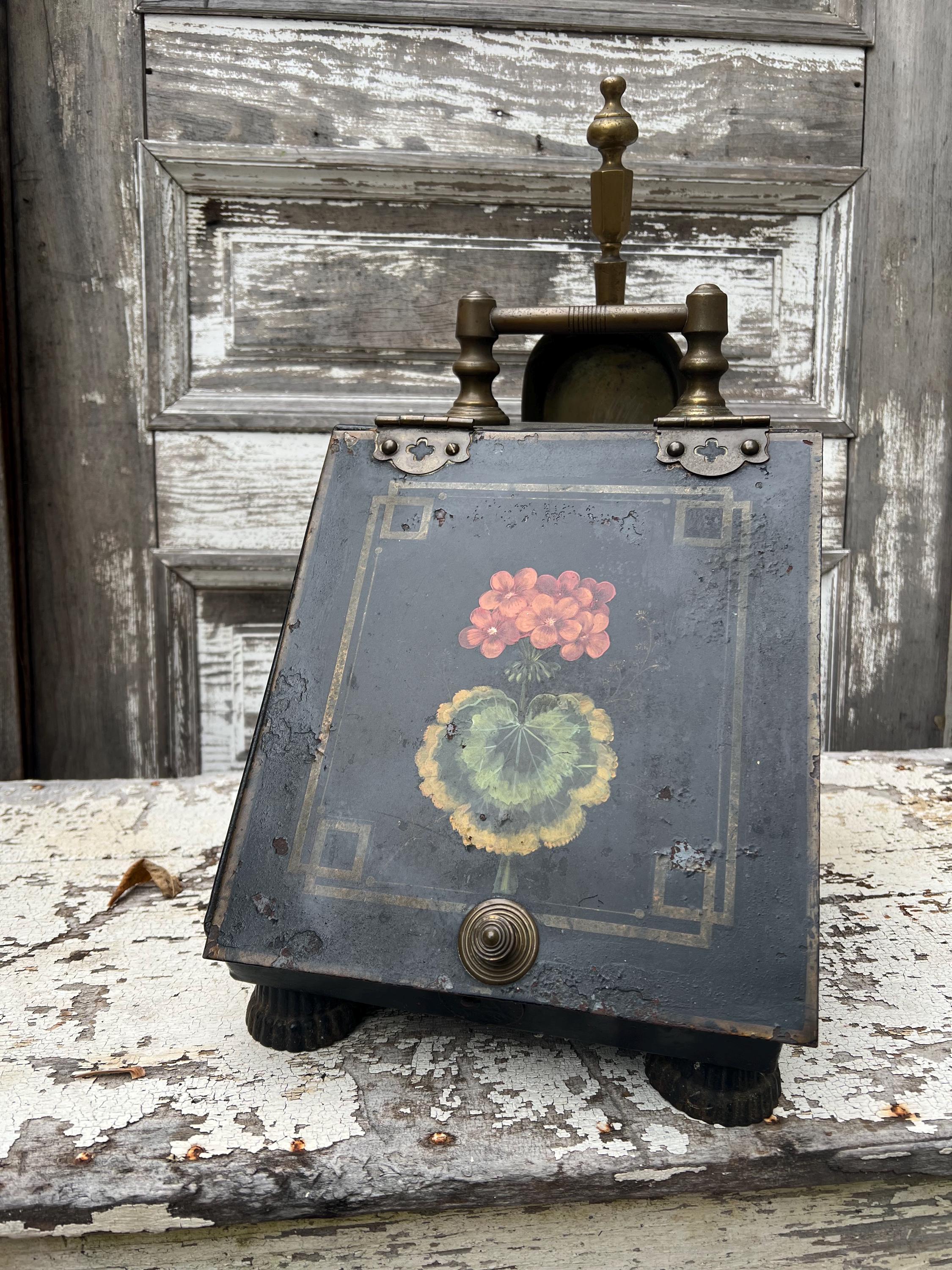 Antique Edwardian Coal Hod, Japanned Tin Scuttle with Geranium, c1880-1910
