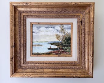 Original Signed Framed Oil Painting Canoe at Lake Signed Stephano