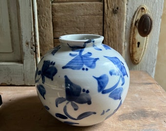 Blue and White Handmade Round Vase Signed Jaffe