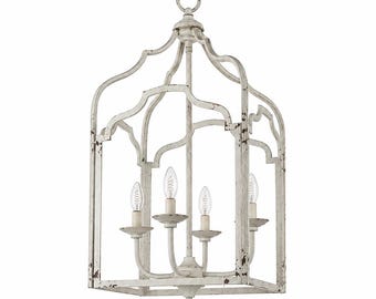 Vintage Forty West Cage Light Chandelier Off White Aged Patina Iron