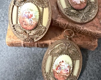 Art Nouveau Handpainted Porcelain Medalion in Brass Spelter Frame Austrian French Art
