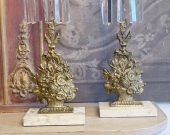 19th Century Victorian Girandole Candle Holders Brass/Marble Base/Crystals Floral Baskets
