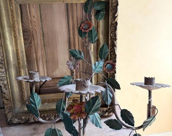 Florentine Tole Floral Candle Sconce Painted Mid Century