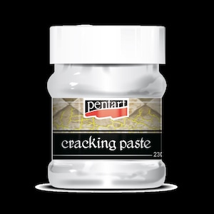 May include: A clear jar of Pentart cracking paste with a white lid. The label features the Pentart logo and the words "cracking paste" in a bold font. The jar contains a white, creamy substance.