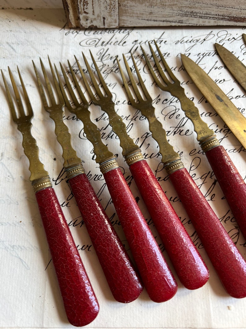 L Blanpain French Cutlery Fish Forks and Knives Brass and Bakelite Set of 10 image 2