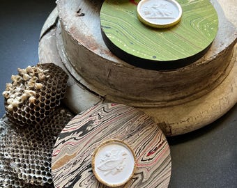 Handmade Mounted Campaign Gilded Intaglio on Handmarbled Paper