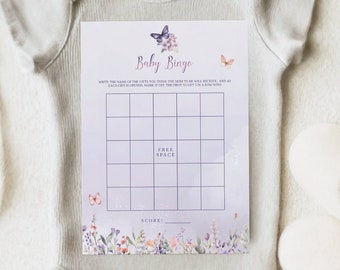 Butterfly Baby Shower Baby Bingo Game - Pink Purple Enchanted Garden Floral Party Activity Card, Editable Printable Watercolor Template: ETM
