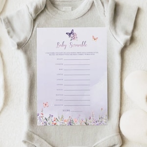 Butterfly Baby Scramble Game - Pink Purple Enchanted Garden Girl Baby Shower Activity, Whimsical Floral, Editable Printable Template: ETM