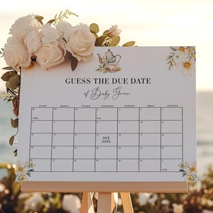 Tea Party Guess the Due Date Game Sign - Editable Baby Arrival Prediction Calendar Poster, White Yellow Floral Teapot High Tea Shower: TFT1