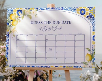 Lemon Mediterranean Guess the Due Date Game Sign - Baby Arrival Predictions Calendar, Amalfi Coast Positano Italian Azulejo Tile Decor: MP12
