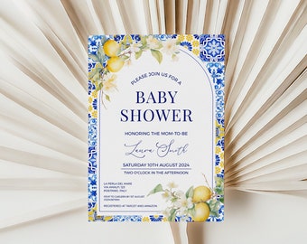 Lemon & Mediterranean Baby Shower Invitation Template - Editable Amalfi Coast Italian Printable, Blue + Yellow Tile, Citrus Positano: MP12