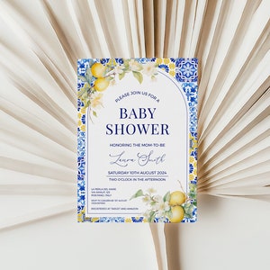 Lemon & Mediterranean Baby Shower Invitation Template - Editable Amalfi Coast Italian Printable, Blue + Yellow Tile, Citrus Positano: MP12
