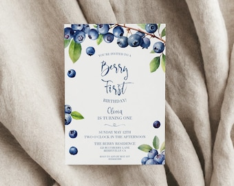 Blueberry 'Berry First' 1st Birthday Invitation - Editable Printable Kids Party Invite Template, Watercolor Fruit, Blue First Milestone ABS1