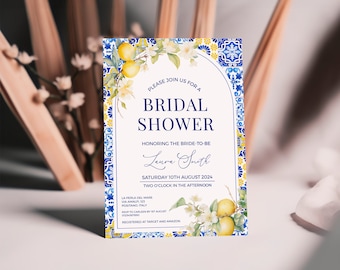 Lemon & Mediterranean Bridal Shower Invitation Template - Amalfi Coast Positano, Blue Yellow Tile, Editable Printable Italian Citrus: MP12