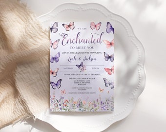We Are Enchanted to Meet You Baby Shower Invitation - Butterfly Floral Editable Printable Template, Watercolor Pink Purple Girl Party: ETM