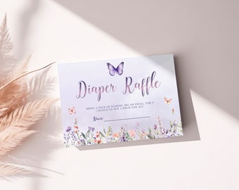 Whimsical Butterfly Baby Shower Diaper Raffle Card - Enchanted Watercolor Floral Garden Girl Party, Editable Printable Insert Ticket: ETM