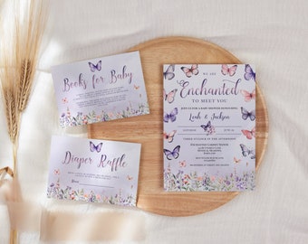 We Are Enchanted To Meet You Baby Shower Invitation Suite - Pink Purple Butterfly Floral Girl Party, Diaper Raffle & Books for Baby Set: ETM