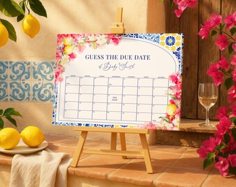 Lemon Bougainvillea Guess the Due Date Game Sign - Editable Printable Summer Baby Shower Arrival Prediction Birthday Calendar Poster: MP22