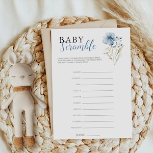 Baby Shower Word Scramble Game - Dusty Blue Floral Design, Fun Baby Scramble Activity, Ideal for Baby Celebration, INSTANT DOWNLOAD: BIB1