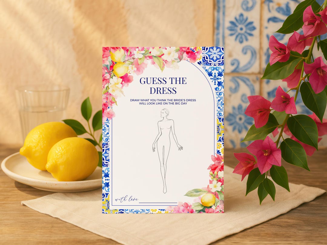 Lemon Bougainvillea Guess the Dress Game - Editable Printable Summer Citrus  Mediterranean Bridal Shower Draw the Wedding Dress Activity MP22