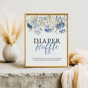 Editable Diaper Raffle Sign for Baby Shower - Dusty Blue Floral Theme, Printable Download on Templett, Perfect Baby Shower Game Gift: BIB1