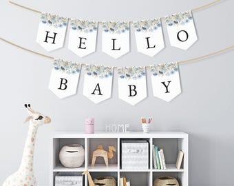 Dusty Blue Floral Bunting Banner - Editable Baby in Bloom Shower Decor, Printable Baby Shower Garland, Perfect New Baby Gift: BIB1