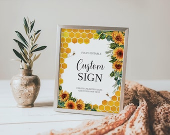 Blank Sign Sunflower Bee Baby Shower - Customizable Honeycomb & Bee Editable Printable Sign for Baby Shower Decorations, Templett: SHB1