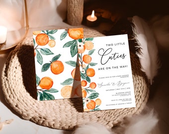 Two Little Cuties Are On The Way Baby Shower Invitation - Orange Citrus, Gender Neutral Twins Invite, Editable Printable Template: ALC1