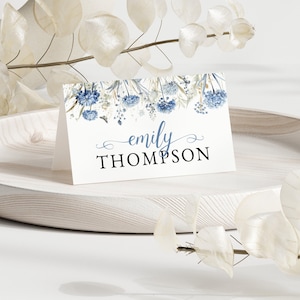 Dusty Blue Baby Shower Place Cards - Editable Wildflower Floral Name Cards, 'Baby in Bloom', Printable Seating Template, Table Decor: BIB1