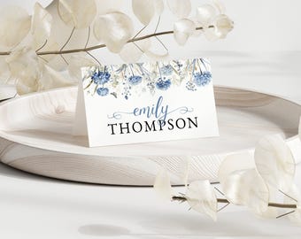 Dusty Blue Baby Shower Place Cards - Editable Wildflower Floral Name Cards, 'Baby in Bloom', Printable Seating Template, Table Decor: BIB1