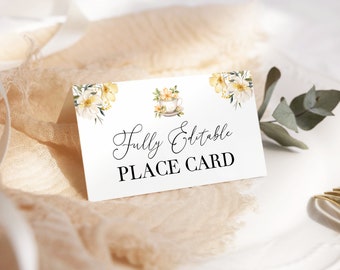 Editable Place Card for Tea Party - Bridal/Baby Shower White Blossom Food Tent Label, INSTANT DOWNLOAD Shower Decoration, Templett: TFT1