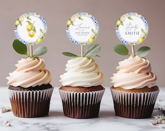 Lemon & Mediterranean Baby Shower Cupcake Toppers Template - Editable Printable Amalfi Coast Positano, Blue + Yellow Tile Cake Decor: MP12