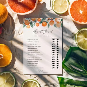 Orange Blossom He Said, She Said Game - Editable Printable Citrus Cutie Summer Bridal Shower Guess Who Said It Bride or Groom Activity: ALC1