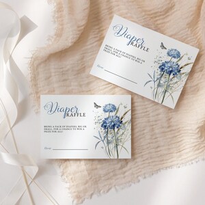 Dusty Blue Floral Diaper Raffle Ticket - &#39;Baby in Bloom&#39; Wildflower, Editable & Printable Template, Baby Shower Game Insert Card, Boy: BIB1