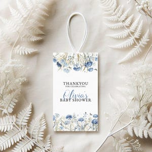 Dusty Blue Baby Shower Favor Tag - &#39;Baby in Bloom&#39; Editable Printable Template,  Wildflower Floral, Party Thankyou Gift Tag Label: BIB1