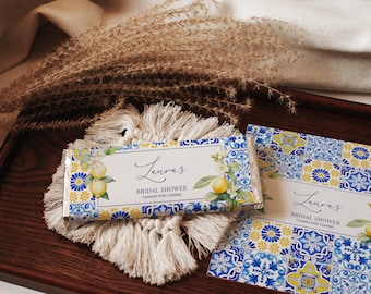 Lemon Mediterranean Bridal Shower Candy Bar Wrapper - Amalfi Coast Label, Blue Yellow Tile, Editable Printable Chocolate Bar Template: MP12