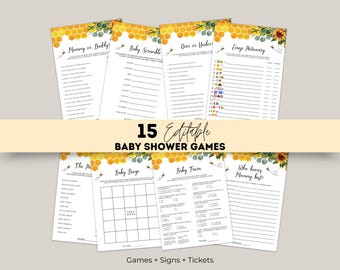 May include: A collection of 15 editable baby shower games printed on white paper. The games include "Mommy or Daddy," "Baby Scramble," and "Emoji Pictionary." The designs feature a honeycomb and floral theme.
