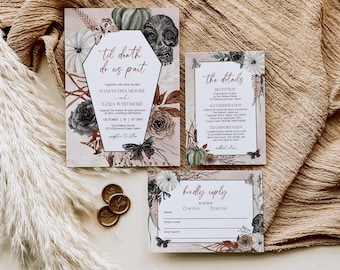 Spooky Chic Wedding Til Death Do Us Part Invitation Suite - Editable Printable Witchy Fall Gothic Halloween Details & RSVP Invite Set: SPC1