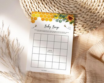 Sunflower Honey Bee Baby Bingo Game - Editable, Printable Baby Shower Activity with Honeycomb & Bee Decals, INSTANT DOWNLOAD, Templett: SHB1