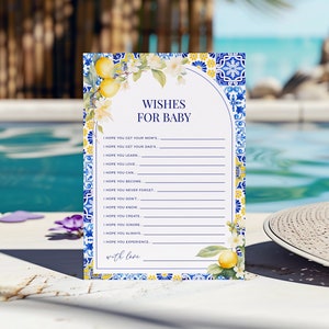 Lemon Mediterranean Wishes for Baby Activity Card - Amalfi Coast Italian Baby Shower Advice Game, Blue Yellow Azulejo Tile & Floral: MP12